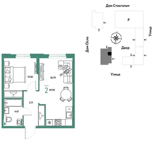 Планировка 2-комн. квартира, 39.93 м² ЖК «Европейский берег 2.0»