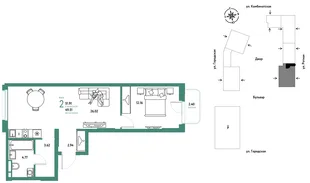 Планировка 2-комн. квартира, 51.91 м² ЖК «Уральский сад»