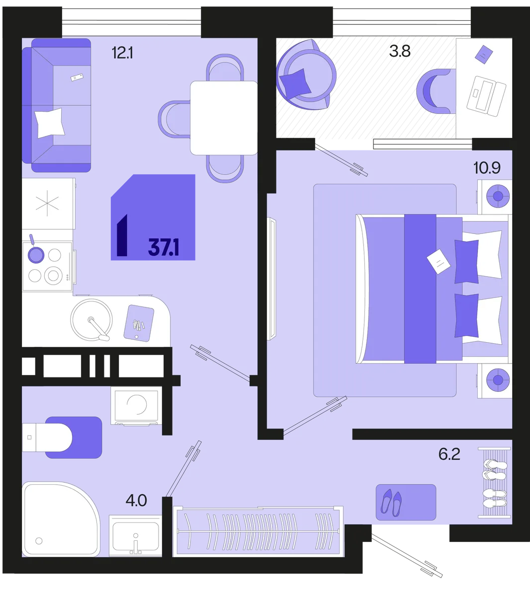 Планировка 1-комн. квартира, 37.1 м² ЖК «Первое место»