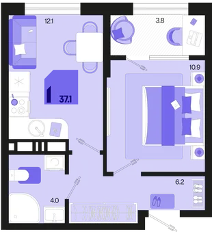 Планировка 1-комн. квартира, 37.1 м² ЖК «Первое место»