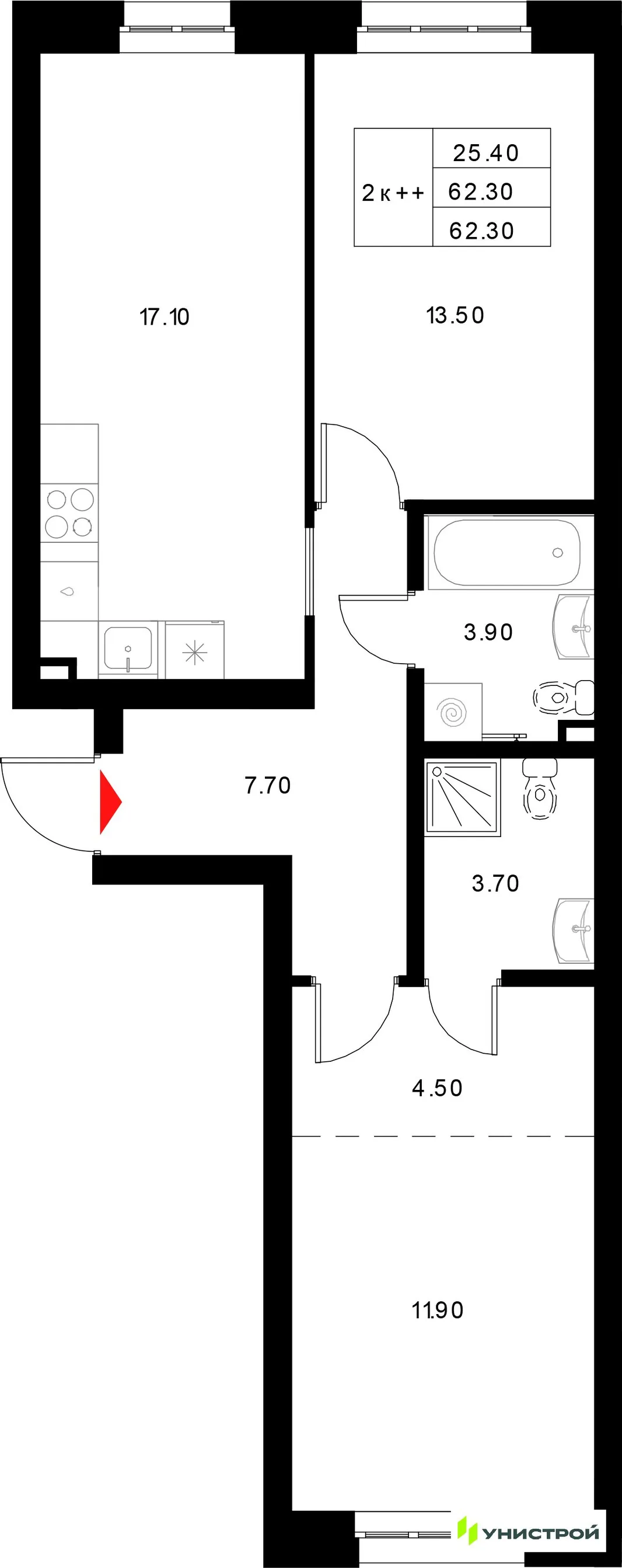 Планировка 2-комн. квартира, 62.3 м² ЖК «Уникод на Технической»