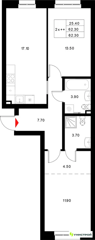 Планировка 2-комн. квартира, 62.3 м² ЖК «Уникод на Технической»