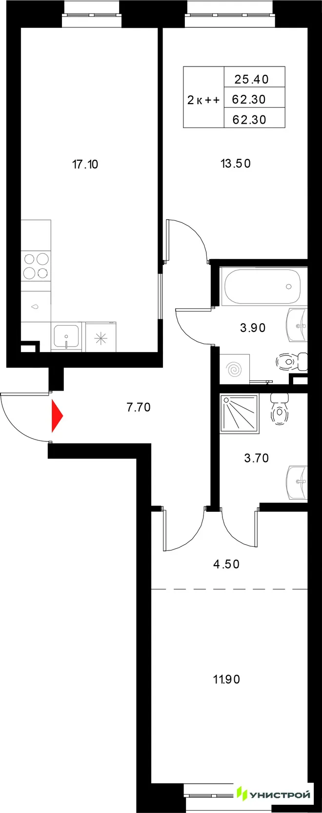 Планировка 2-комн. квартира, 62.3 м² ЖК «Уникод на Технической» Планировка 2-комн. квартира, 62.3 м² ЖК «Уникод на Технической»