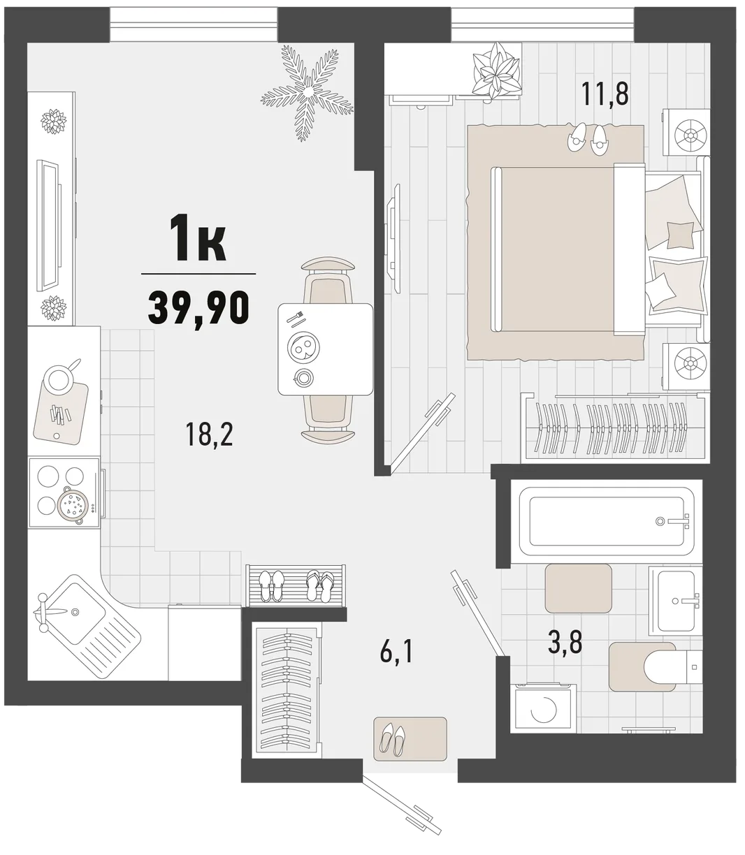 Планировка 1-комн. квартира, 39.9 м² ЖК «Барса»