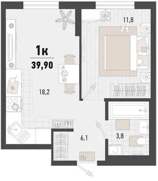 Планировка 1-комн. квартира, 39.9 м² ЖК «Барса»