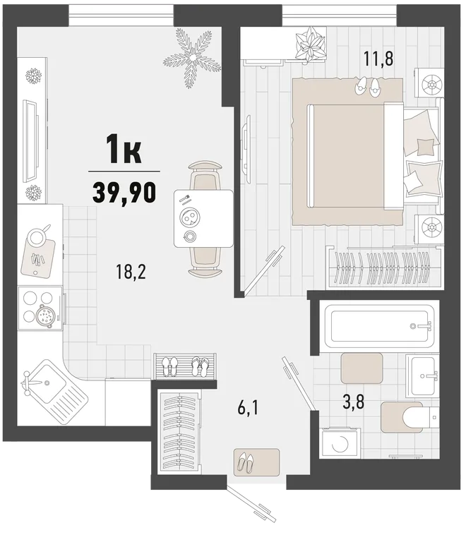 Планировка 1-комн. квартира, 39.9 м² ЖК «Барса» Планировка 1-комн. квартира, 39.9 м² ЖК «Барса»