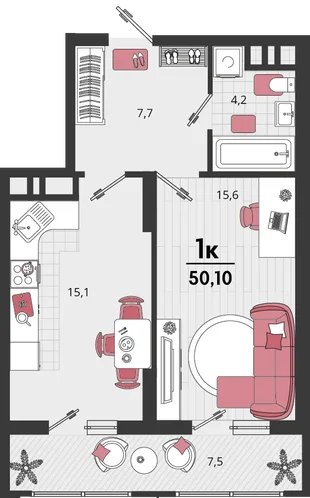 Планировка 1-комн. квартира, 50.1 м² ЖК «Родные просторы»