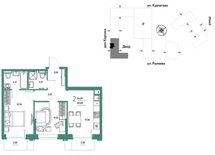 Планировка 2-комн. квартира, 54.86 м² ЖК «Остров-сад»