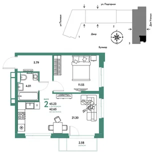Планировка 2-комн. квартира, 45.32 м² ЖК «Авторский»