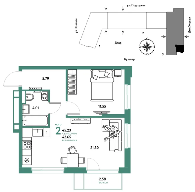 Планировка 2-комн. квартира, 45.32 м² ЖК «Авторский» Планировка 2-комн. квартира, 45.32 м² ЖК «Авторский»