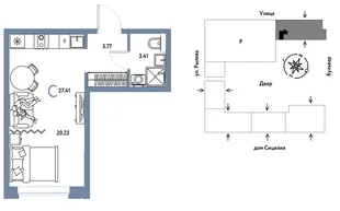 Планировка Студия, 27.41 м² ЖК «Остров-сад»