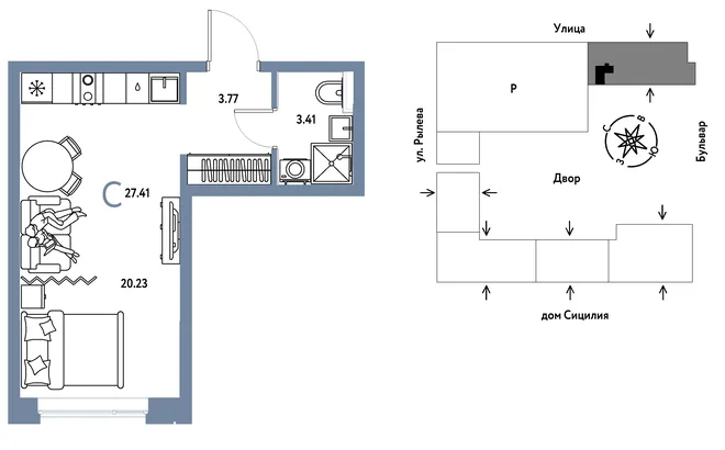 Планировка Студия, 27.41 м² ЖК «Остров-сад»
