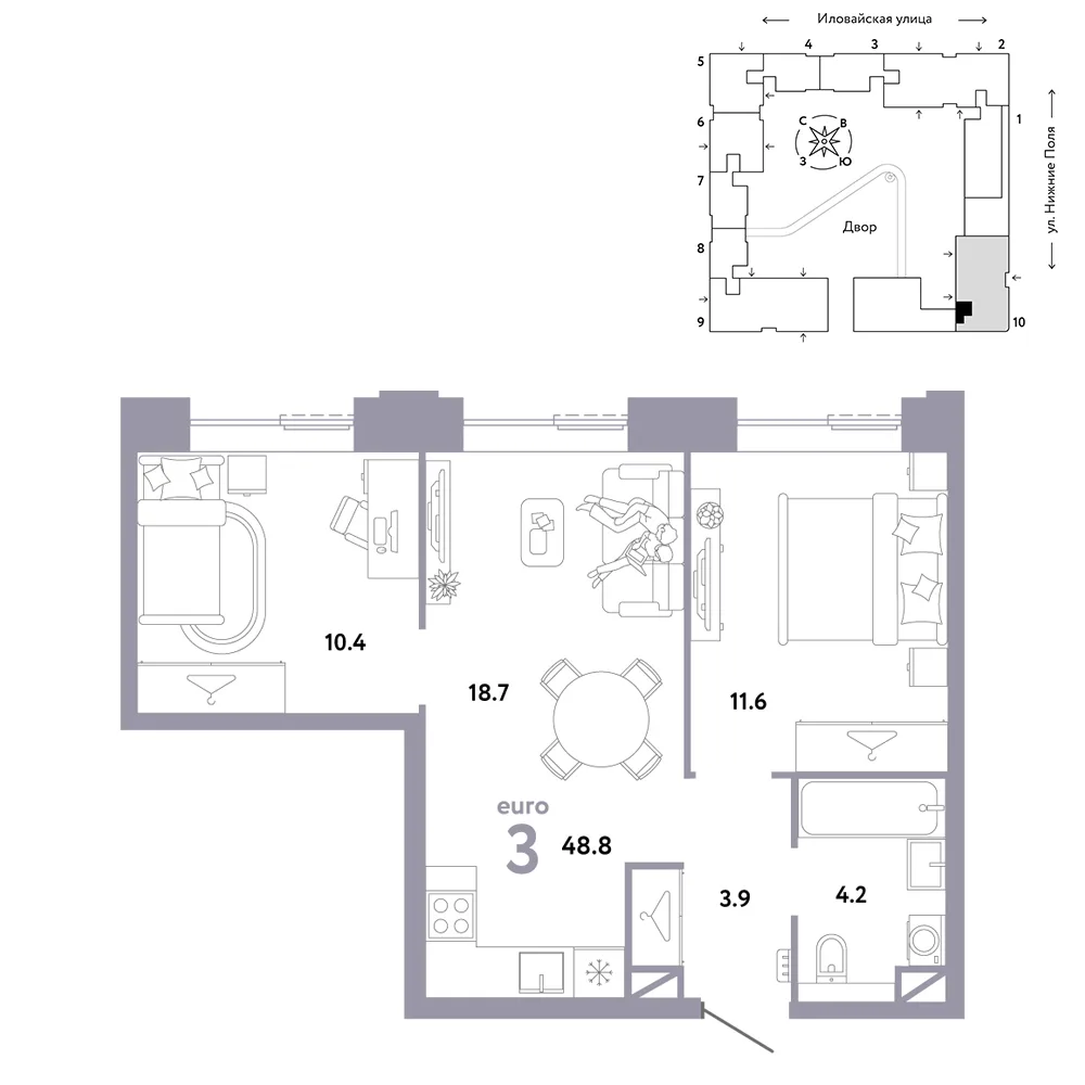 Планировка 3-комн. квартира, 48.8 м² ЖК «Страна.Заречная»