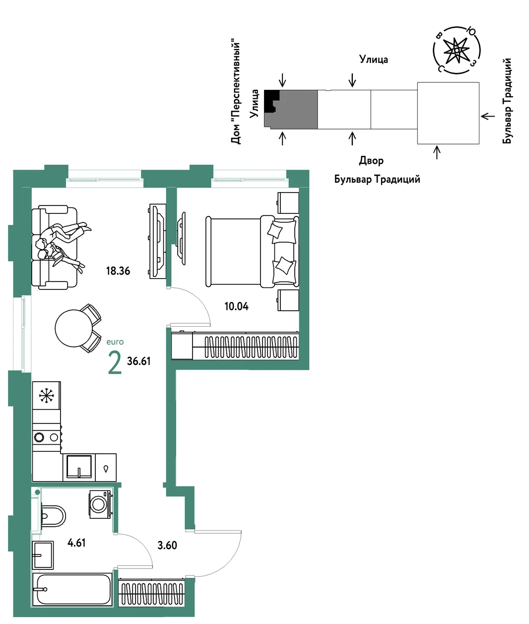 Планировка 2-комн. квартира, 36.61 м² ЖК «Микрорайон Домашний»