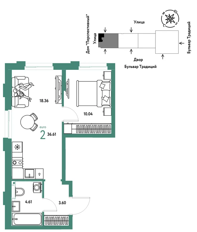 Планировка 2-комн. квартира, 36.61 м² ЖК «Микрорайон Домашний» Планировка 2-комн. квартира, 36.61 м² ЖК «Микрорайон Домашний»