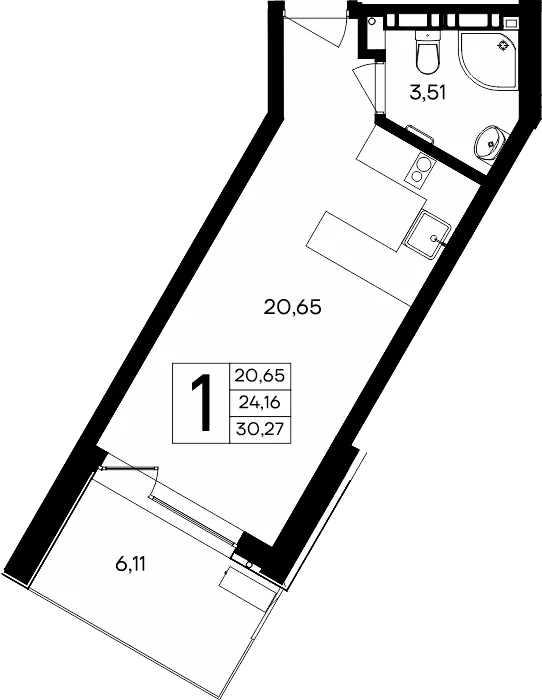 Планировка 1-комн. квартира, 30.27 м² Апарт-комплекс «Песок и море»