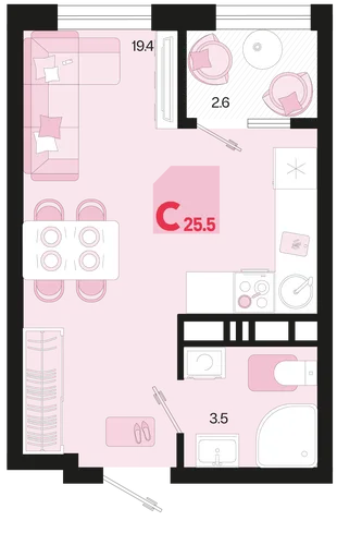Планировка Студия, 25.5 м² ЖК «Первое место»