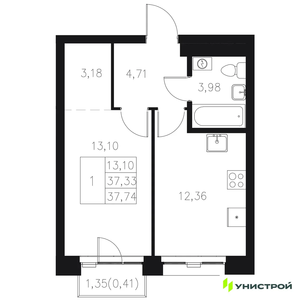 Планировка 1-комн. квартира, 37.74 м² ЖК «Statum»