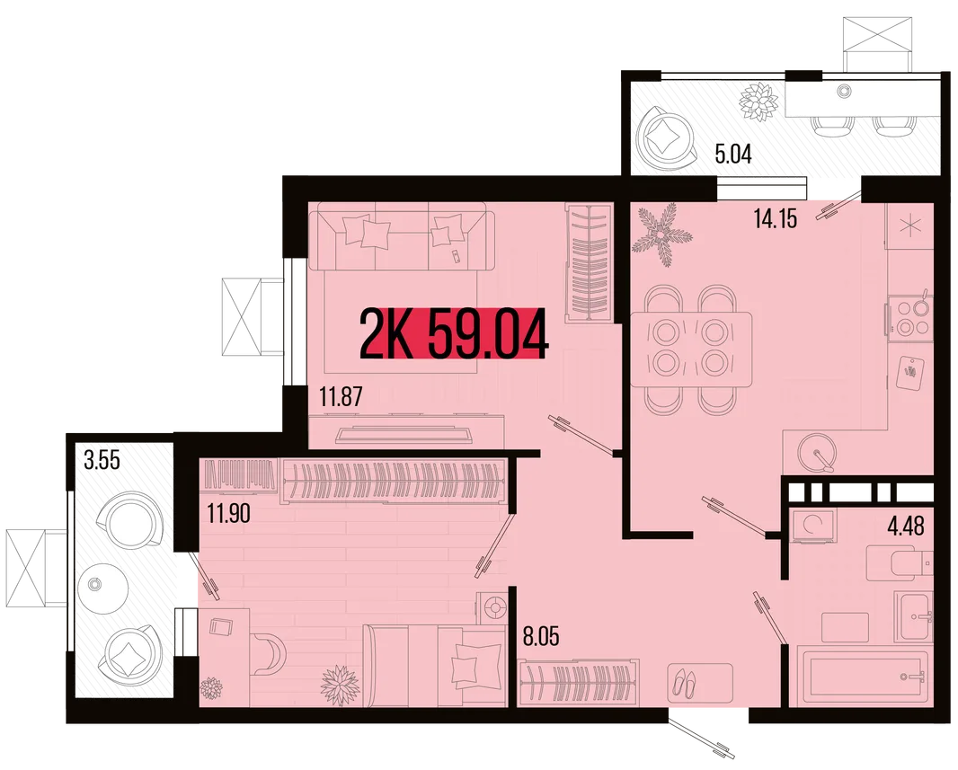 Планировка 2-комн. квартира, 54.74 м² ЖК «Цветной бульвар»