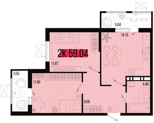 Планировка 2-комн. квартира, 54.74 м² ЖК «Цветной бульвар»