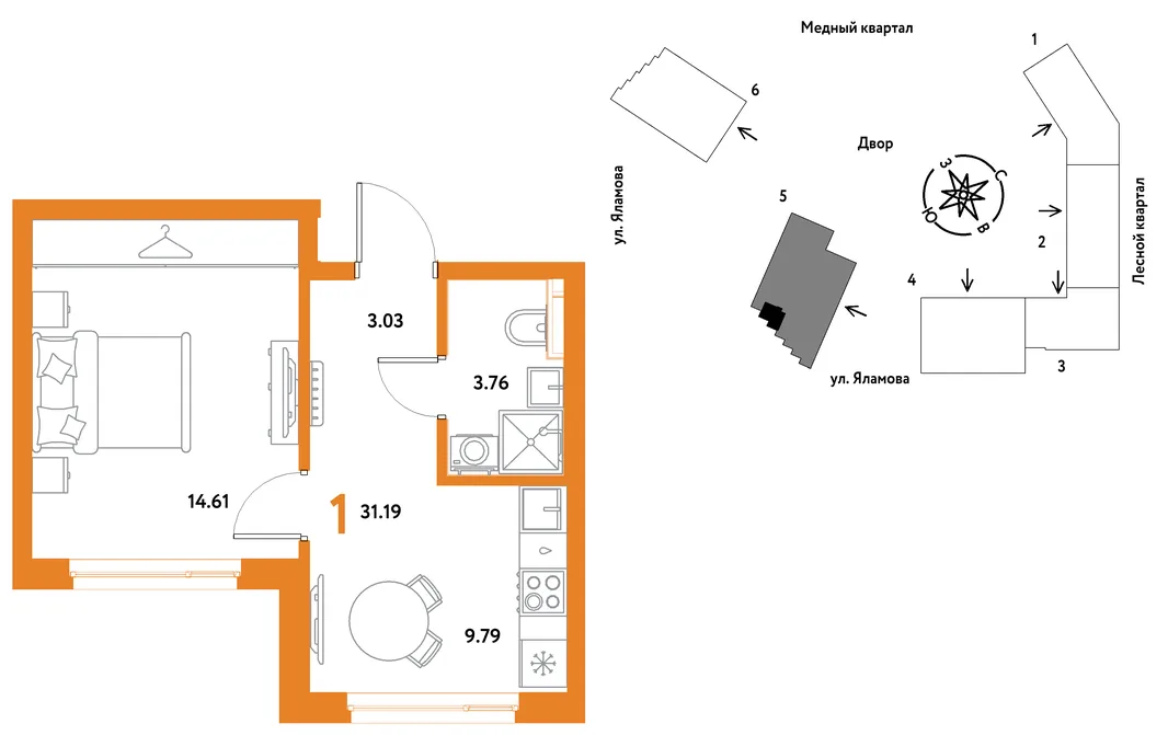 Планировка 1-комн. квартира, 31.19 м² ЖК «Сибирский сад»