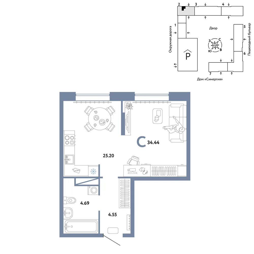 Планировка Студия, 34.44 м² ЖК «Юнион»