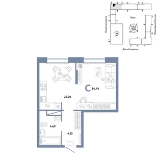 Планировка Студия, 34.44 м² ЖК «Юнион»