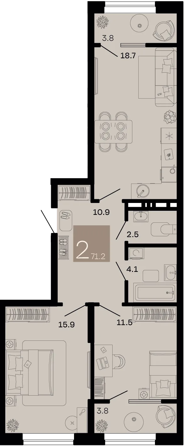 Планировка 2-комн. квартира, 71.2 м² ЖК «Хозяин морей»