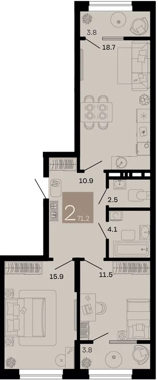 Планировка 2-комн. квартира, 71.2 м² ЖК «Хозяин морей»
