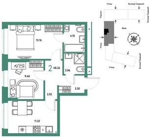 Планировка 2-комн. квартира, 48.26 м² ЖК «Микрорайон Домашний»