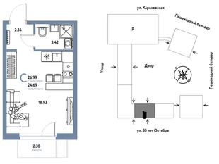 Планировка Студия, 26.99 м² ЖК «Сердце Сибири»
