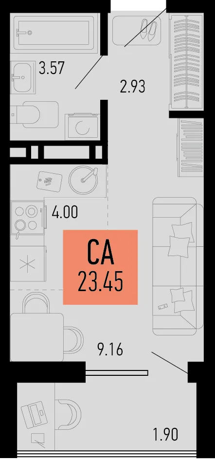 Планировка Студия, 23.45 м² ЖК «Столицыно»