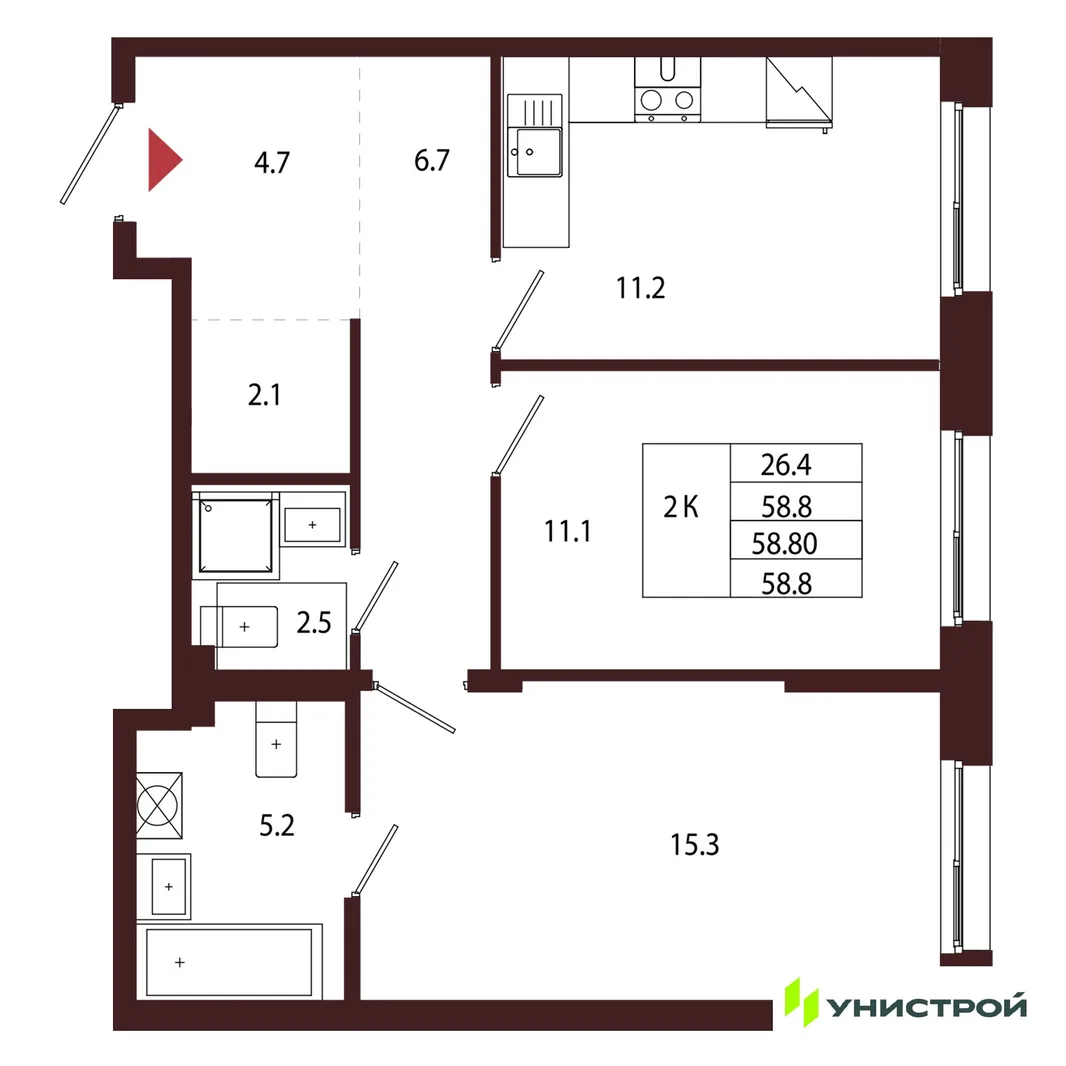 Планировка 2-комн. квартира, 58.8 м² ЖК «Лисино»