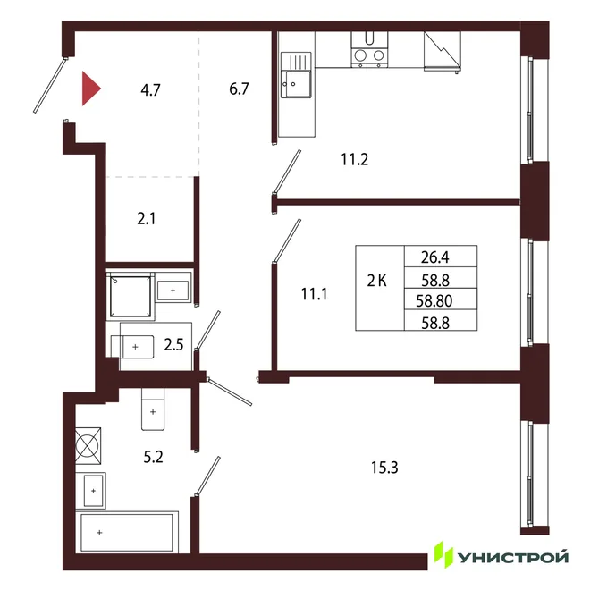 Планировка 2-комн. квартира, 58.8 м² ЖК «Лисино» Планировка 2-комн. квартира, 58.8 м² ЖК «Лисино»