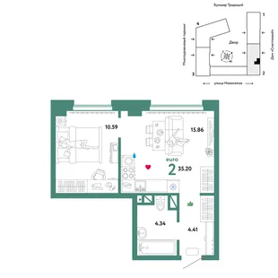 Планировка 2-комн. квартира, 35.2 м² ЖК «Микрорайон Домашний»