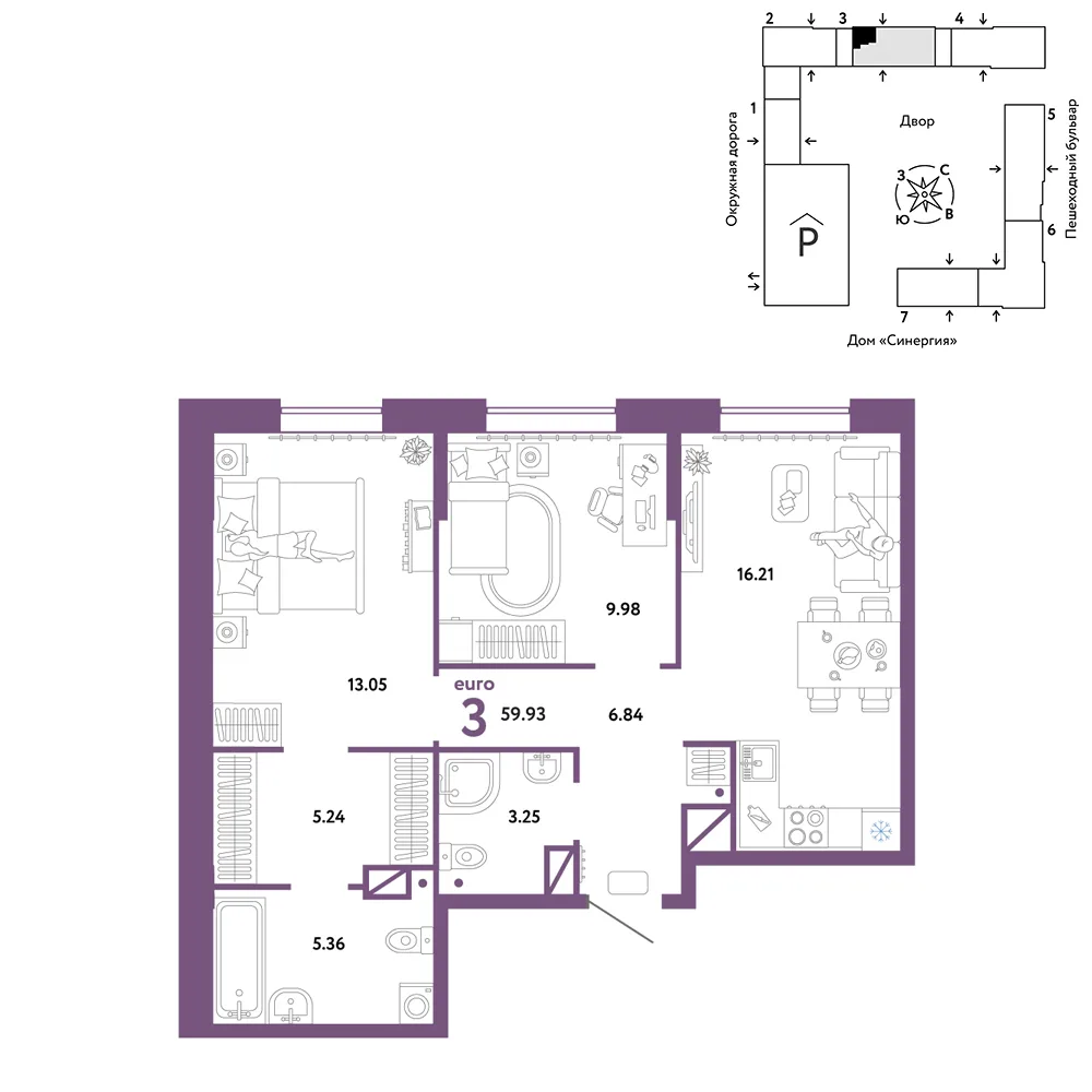 Планировка 3-комн. квартира, 59.93 м² ЖК «Юнион»