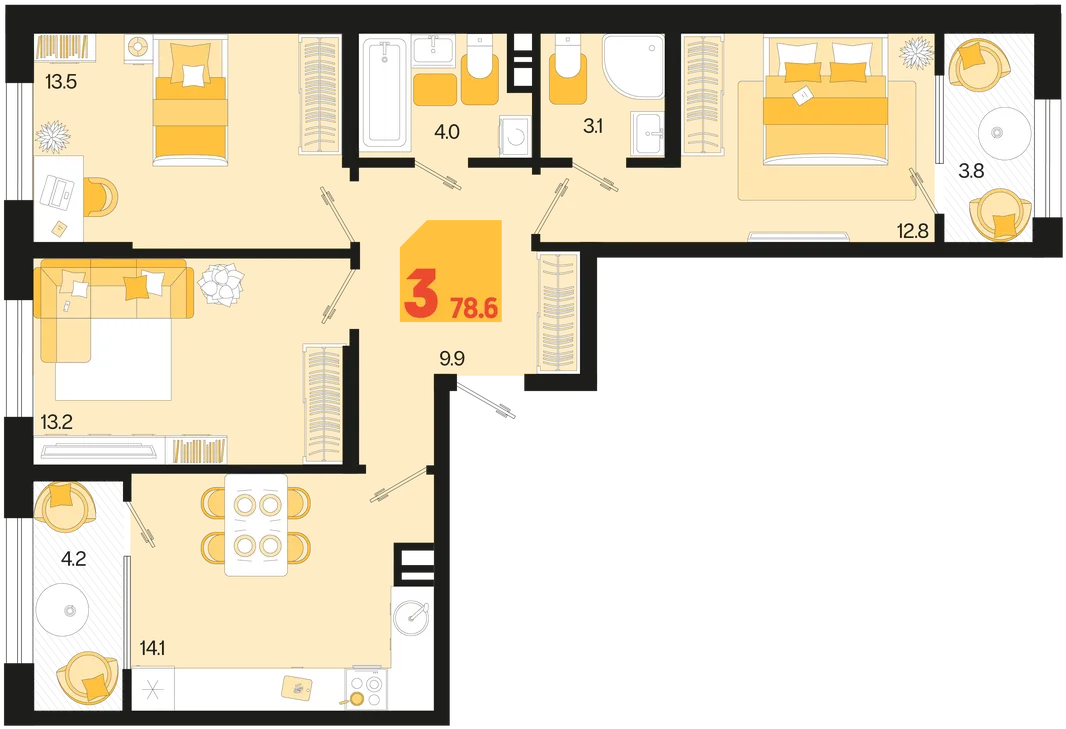 Планировка 3-комн. квартира, 78.6 м² ЖК «Первое место»