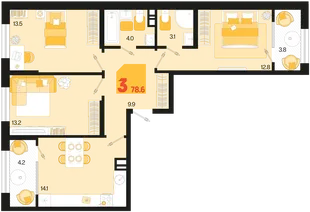 Планировка 3-комн. квартира, 78.6 м² ЖК «Первое место»