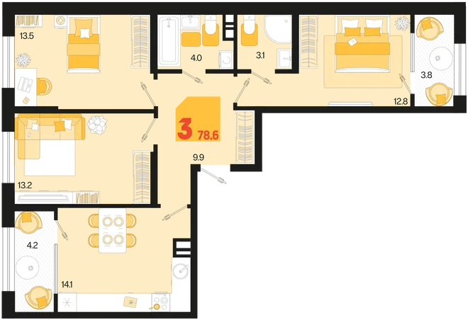 Планировка 3-комн. квартира, 78.6 м² ЖК «Первое место» Планировка 3-комн. квартира, 78.6 м² ЖК «Первое место»