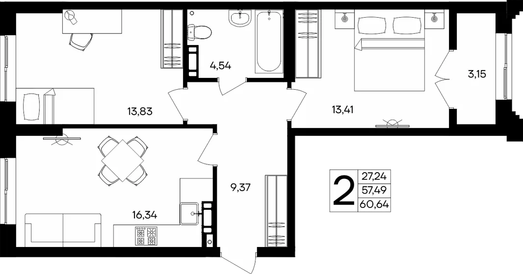 Планировка 2-комн. квартира, 60.64 м² ЖК «Семисчастье»