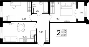 Планировка 2-комн. квартира, 60.64 м² ЖК «Семисчастье»