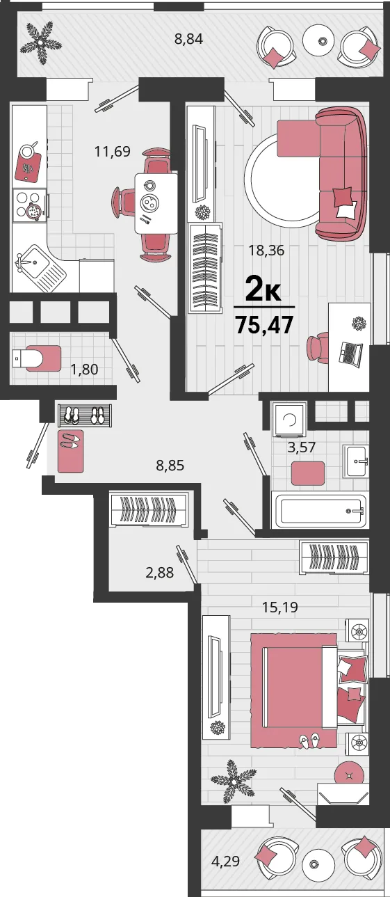 Планировка 2-комн. квартира, 75.47 м² ЖК «Родные просторы»