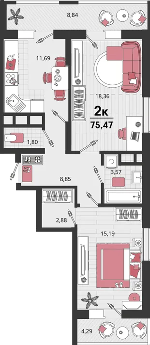 Планировка 2-комн. квартира, 75.47 м² ЖК «Родные просторы»