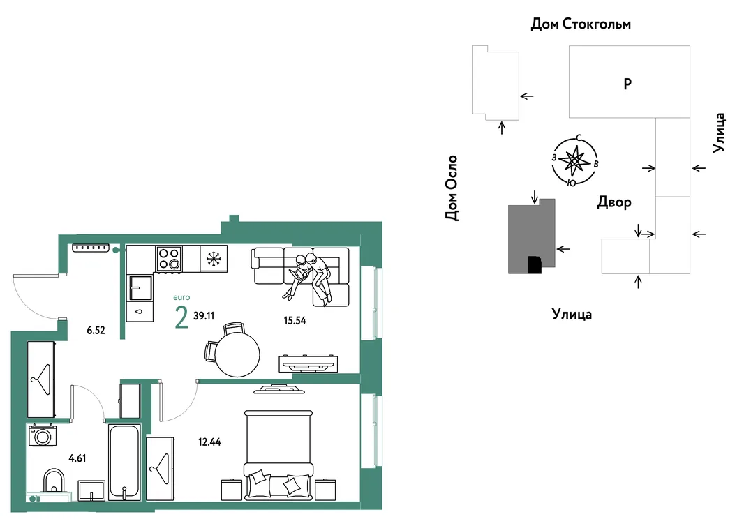 Планировка 2-комн. квартира, 39.11 м² ЖК «Европейский берег 2.0»