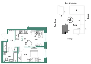 Планировка 2-комн. квартира, 39.11 м² ЖК «Европейский берег 2.0»