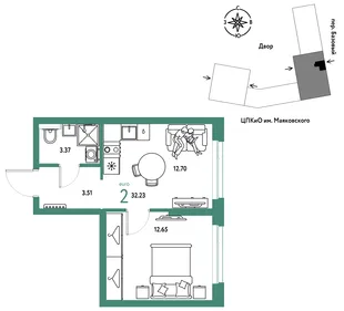 Планировка 2-комн. квартира, 32.23 м² ЖК «Сибирский сад»