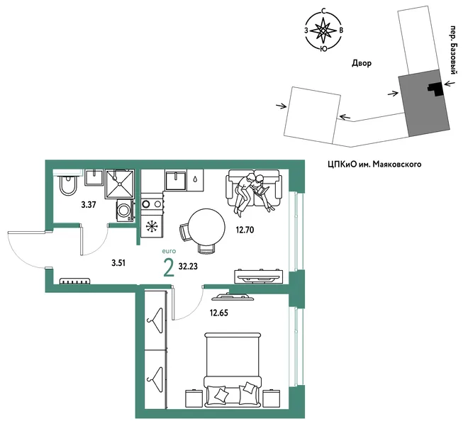 Планировка 2-комн. квартира, 32.23 м² ЖК «Сибирский сад» Планировка 2-комн. квартира, 32.23 м² ЖК «Сибирский сад»