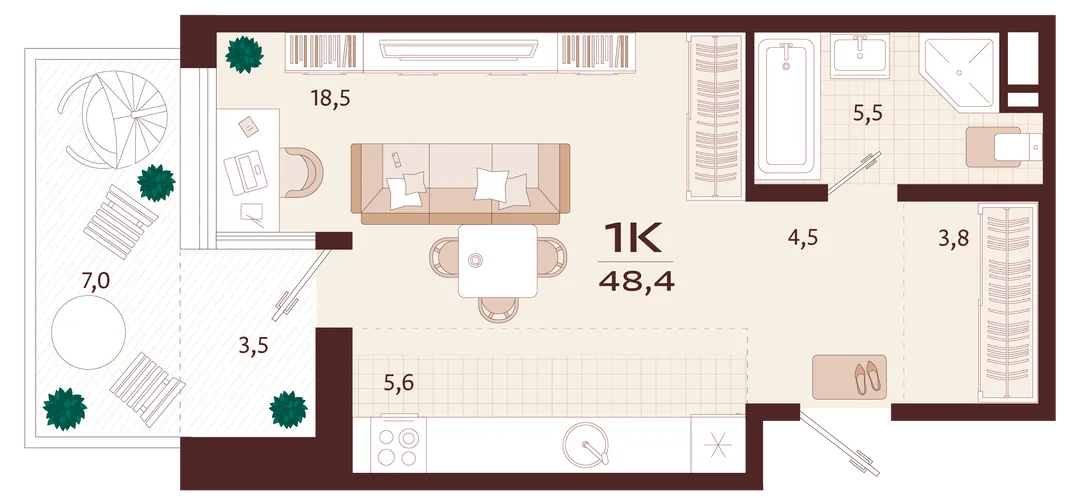 Планировка 1-комн. квартира, 48.4 м² ЖК «Роялта»