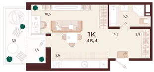Планировка 1-комн. квартира, 48.4 м² ЖК «Роялта»