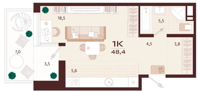 Планировка 1-комн. квартира, 48.4 м² ЖК «Роялта» Планировка 1-комн. квартира, 48.4 м² ЖК «Роялта»